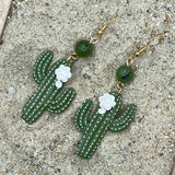 Joshua Tree - Saguaro Cactus with Jade Bead Earrings: Handmade Polymer Clay