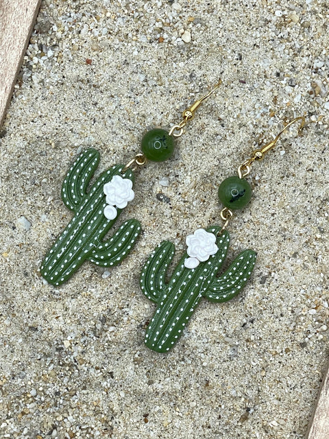 Joshua Tree - Saguaro Cactus with Jade Bead Earrings: Handmade Polymer Clay