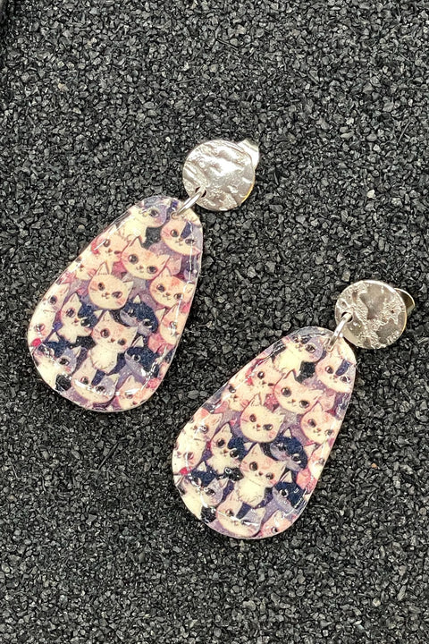 Cat Lover - Retro Kitty Printed Dangle Earrings: Handmade Polymer Clay