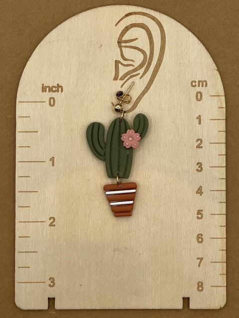 Joshua Tree - Candle Cactus with Pink Flower Earrings: Handmade Polymer Clay