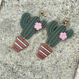 Joshua Tree - Candle Cactus with Pink Flower Earrings: Handmade Polymer Clay