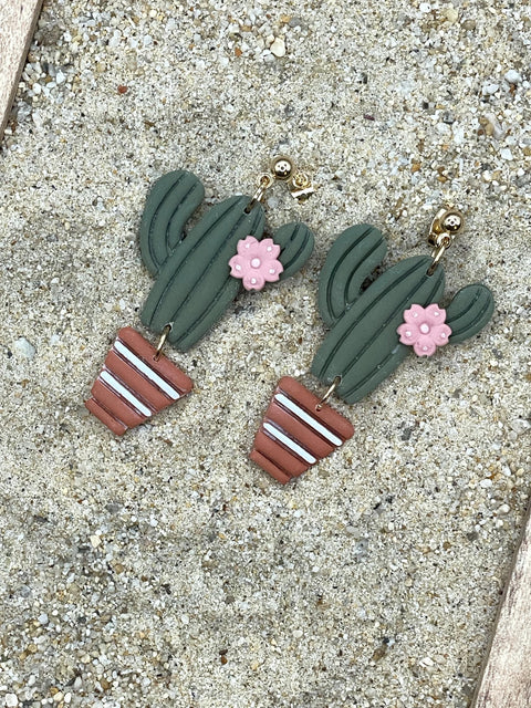 Joshua Tree - Candle Cactus with Pink Flower Earrings: Handmade Polymer Clay