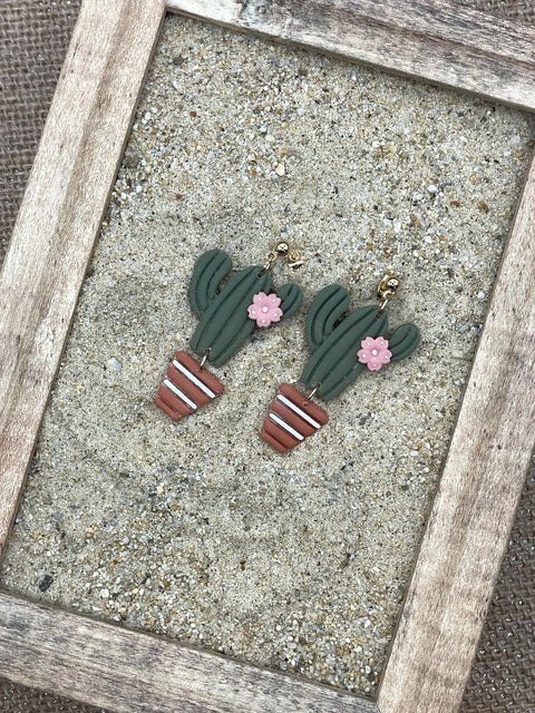 Joshua Tree - Candle Cactus with Pink Flower Earrings: Handmade Polymer Clay