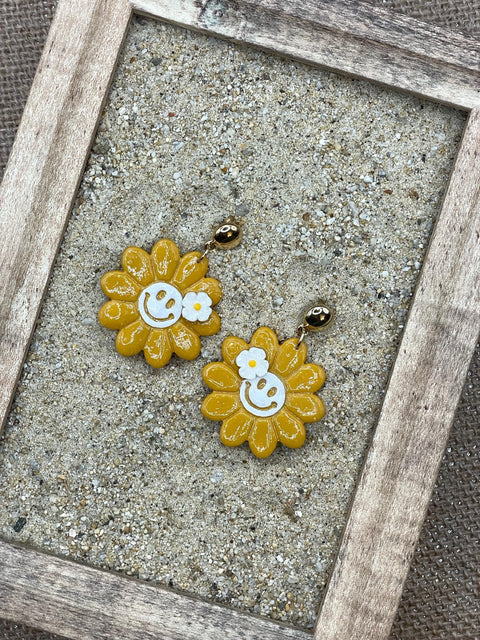 Magical Forest - Groovy Smiley Daisy Earrings: Handmade Polymer Clay
