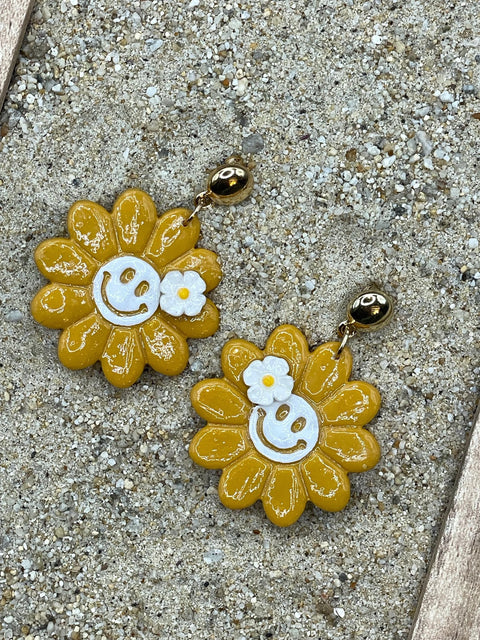 Magical Forest - Groovy Smiley Daisy Earrings: Handmade Polymer Clay