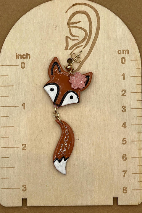 Magical Forest - Red Fox Earrings with Pink Flower: Handmade, Hand-painted Polymer Clay