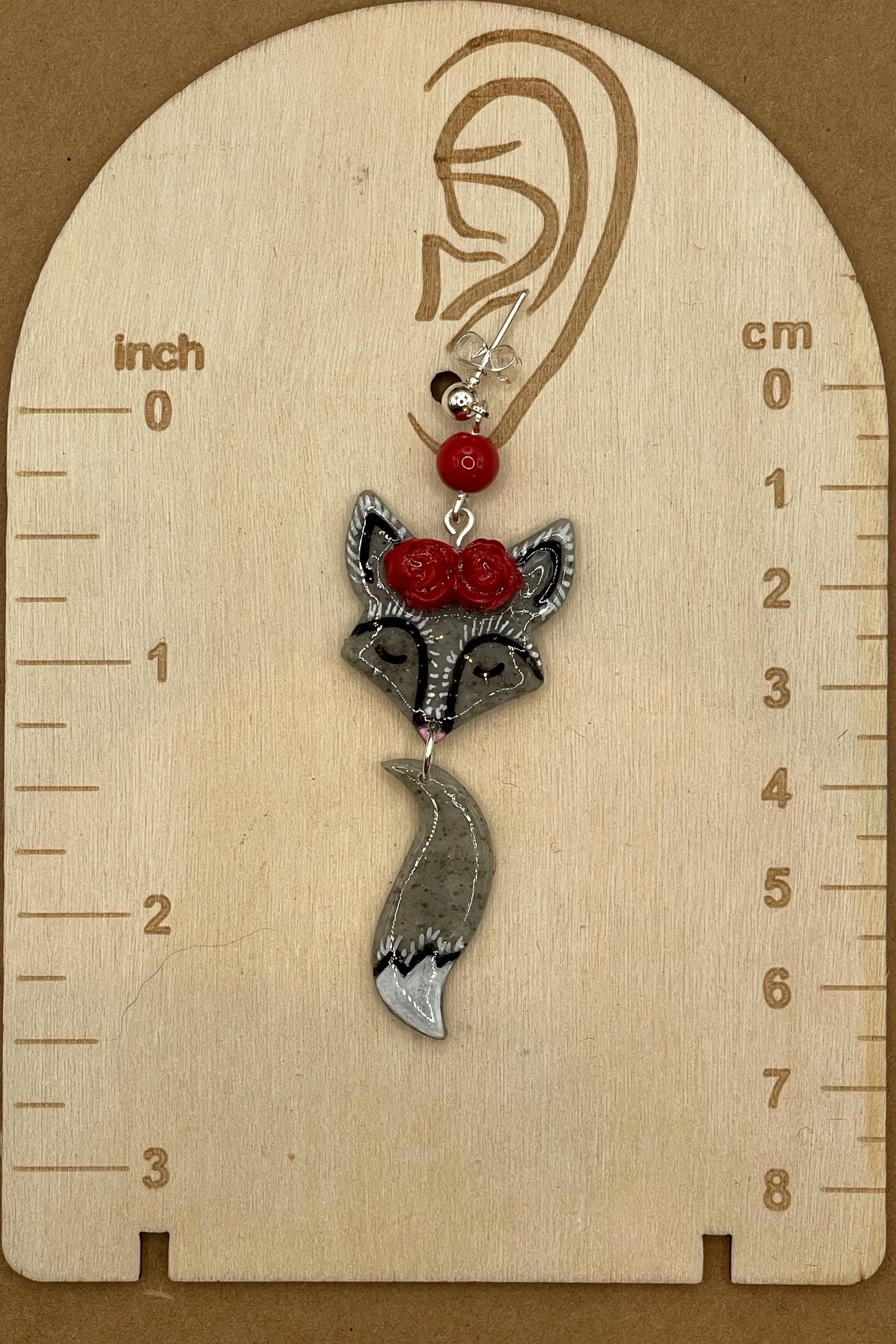 Magical Forest - Silver Fox with Red Flower Earrings: Handmade Hand-painted Polymer Clay