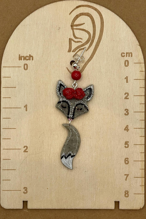 Magical Forest - Silver Fox with Red Flower Earrings: Handmade Hand-painted Polymer Clay