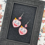 Tattoo - Clown Heart Earrings with Dice Detail: Handmade, Hand-Painted Polymer Clay