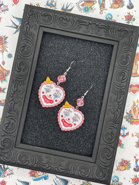 Tattoo - Clown Heart Earrings with Dice Detail: Handmade, Hand-Painted Polymer Clay