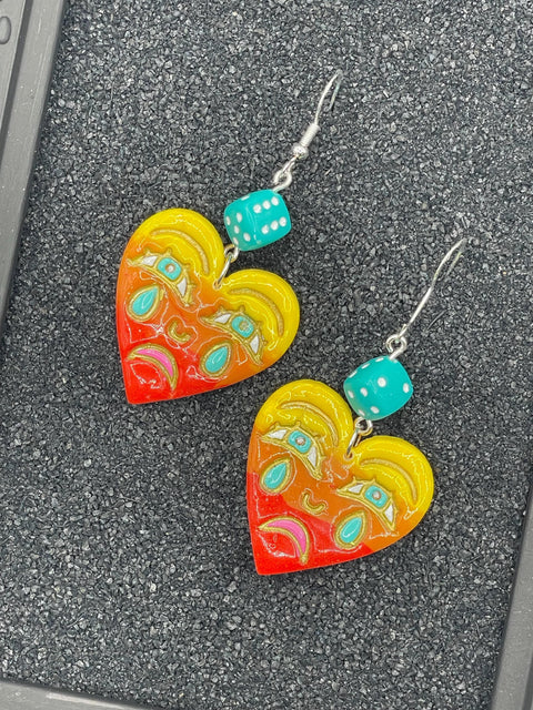 Tattoo - Crying Ombré Heart Earrings with Dice: Handmade Polymer Clay