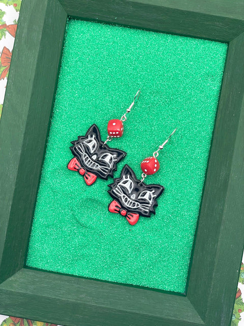 Cat Lover - Retro Kitty Earrings with Red Dice Detail: Handmade Polymer Clay