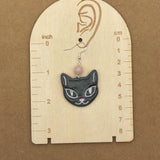 Cat Lover - Grey Kitty with Rose Quartz Beads Earrings: Hand-Painted Polymer Clay