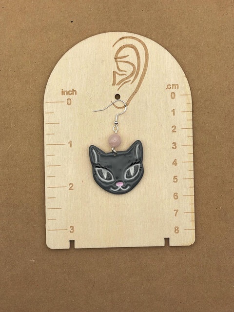 Cat Lover - Grey Kitty with Rose Quartz Beads Earrings: Hand-Painted Polymer Clay