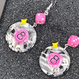 Tattoo - 8-Ball Earrings with Pink Dice: Hand-Painted Polymer Clay