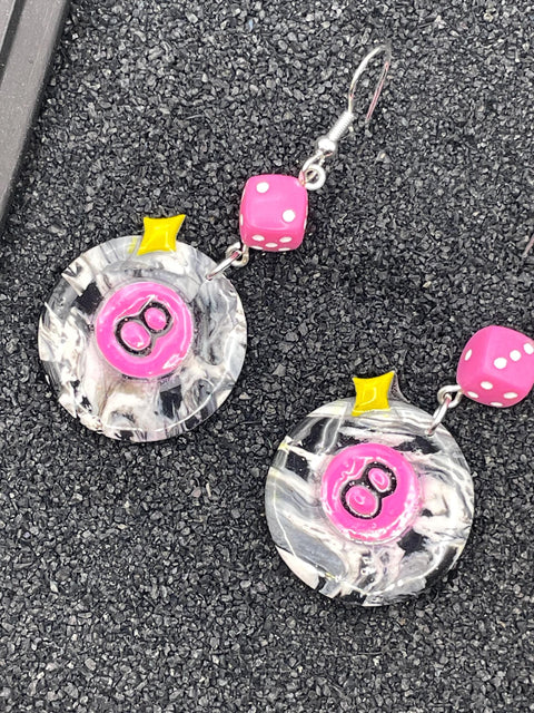 Tattoo - 8-Ball Earrings with Pink Dice: Hand-Painted Polymer Clay