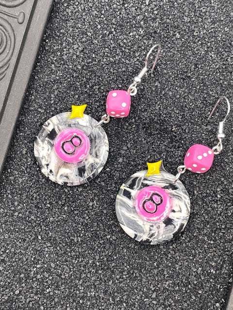 Tattoo - 8-Ball Earrings with Pink Dice: Hand-Painted Polymer Clay
