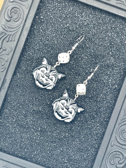 Cat Lover - Retro Kitty with White Dice Earrings: Hand-Painted Polymer Clay