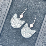 Cat Lover - Grey Kitty with Rose Quartz Beads Earrings: Hand-Painted Polymer Clay