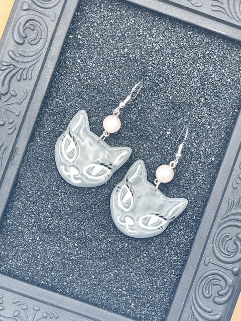 Cat Lover - Grey Kitty with Rose Quartz Beads Earrings: Hand-Painted Polymer Clay