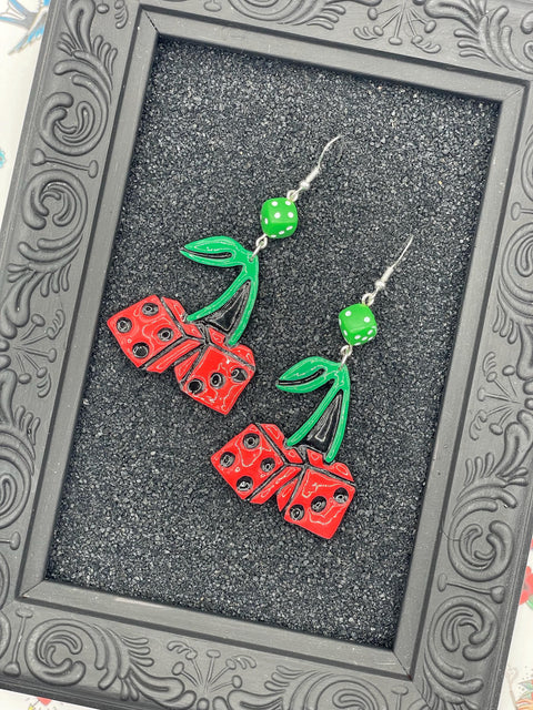 Tattoo - Cherry Dice Earrings: Handmade, Hand-Painted Polymer Clay