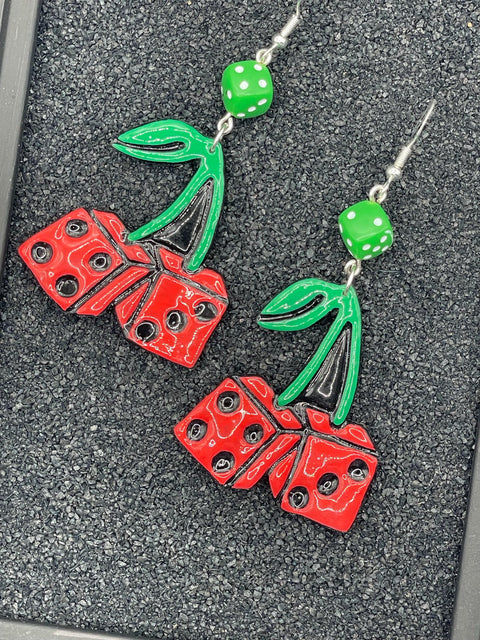Tattoo - Cherry Dice Earrings: Handmade, Hand-Painted Polymer Clay