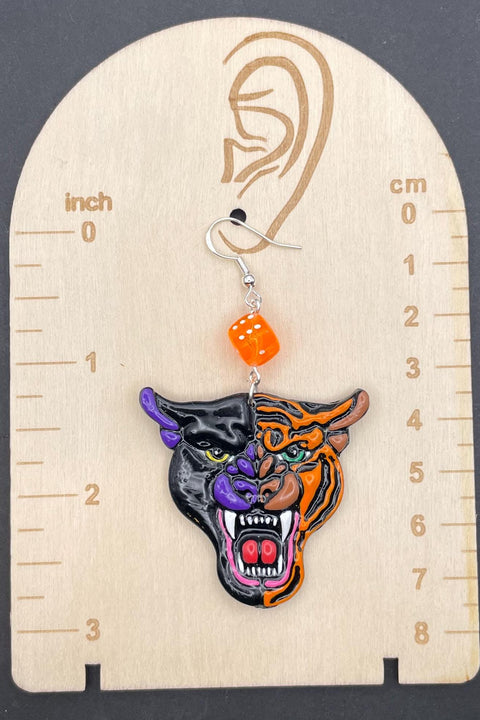 Tattoo - Panther Tiger Earrings with Dice Detail: Handmade Polymer Clay