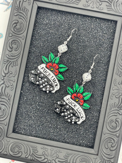 Tattoo - F*ck Luck Earrings with Dice Detail: Handmade Polymer Clay