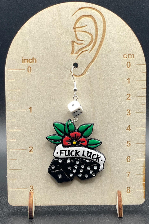 Tattoo - F*ck Luck Earrings with Dice Detail: Handmade Polymer Clay