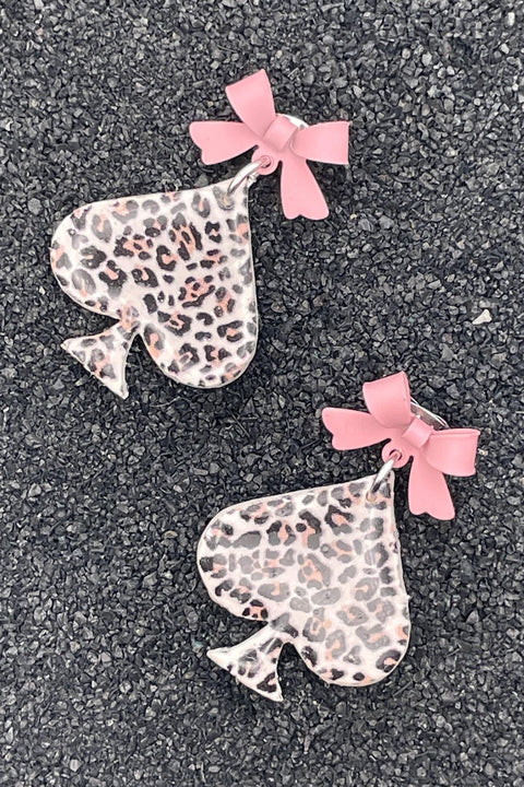 Vegas - Leopard Ace of Spades Earrings with Pink Bows: Handmade Polymer Clay