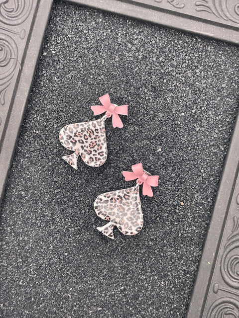 Vegas - Leopard Ace of Spades Earrings with Pink Bows: Handmade Polymer Clay
