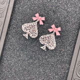 Vegas - Leopard Ace of Spades Earrings with Pink Bows: Handmade Polymer Clay