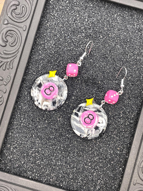 Tattoo - 8-Ball Earrings with Pink Dice: Hand-Painted Polymer Clay