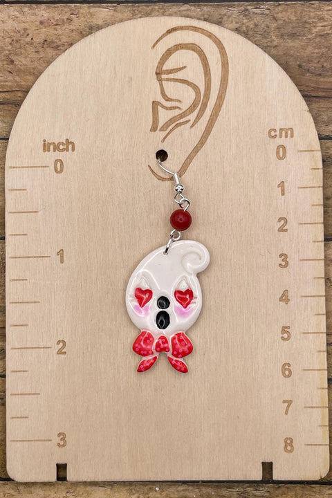 Love - Valentine Ghost Dangle Earrings with Bead Detail: Hand-Painted Polymer Clay
