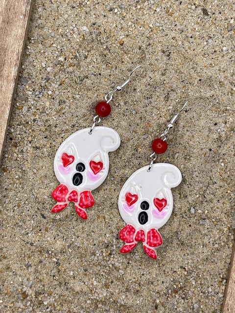Love - Valentine Ghost Dangle Earrings with Bead Detail: Hand-Painted Polymer Clay