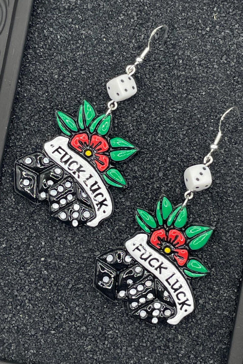 Tattoo - F*ck Luck Earrings with Dice Detail: Handmade Polymer Clay