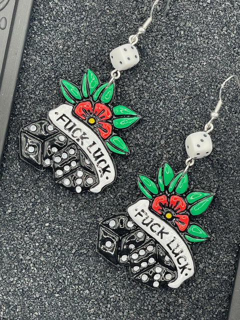 Tattoo - F*ck Luck Earrings with Dice Detail: Handmade Polymer Clay