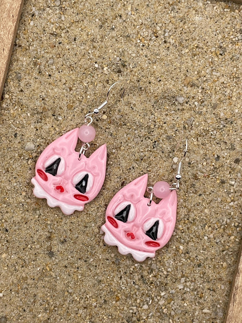 Cat Lover - Retro Kitty Cat Earrings with Rose Quartz Beads: Handmade Polymer Clay