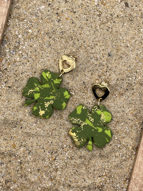 Lucky - Four Leaf Clover Dangle Earrings with Heart Posts: Handmade Polymer Clay