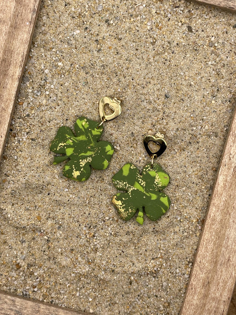 Lucky - Four Leaf Clover Dangle Earrings with Heart Posts: Handmade Polymer Clay