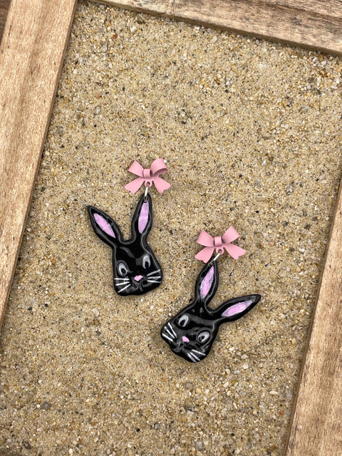 Bunny - Black Rabbit Earrings with Pink Bows: Handmade Polymer Clay