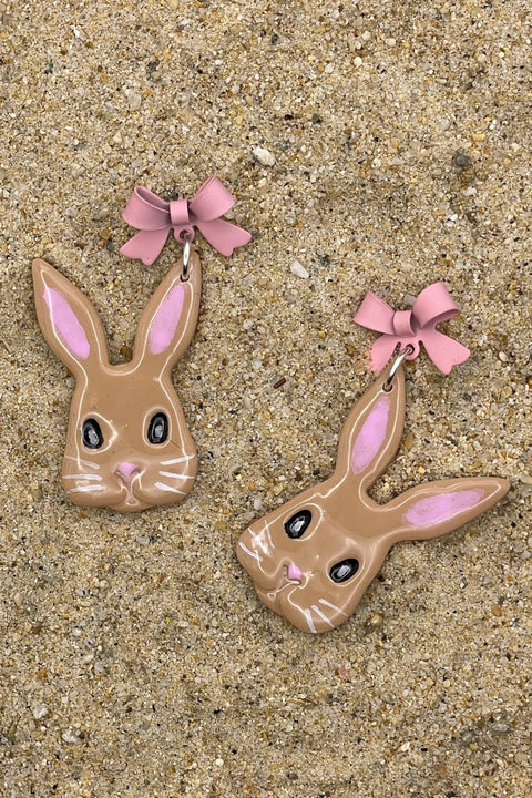 Bunny - Beige Rabbit Dangle Earrings with Pink Bows: Handmade Polymer Clay