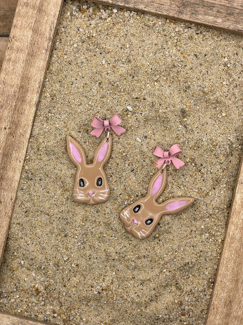 Bunny - Beige Rabbit Dangle Earrings with Pink Bows: Handmade Polymer Clay