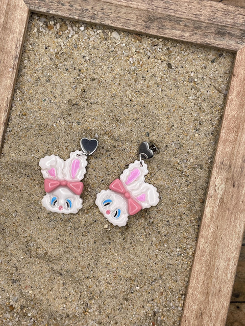 Bunny - White Fluffy Rabbit Earrings with Silver Hearts: Handmade Polymer Clay