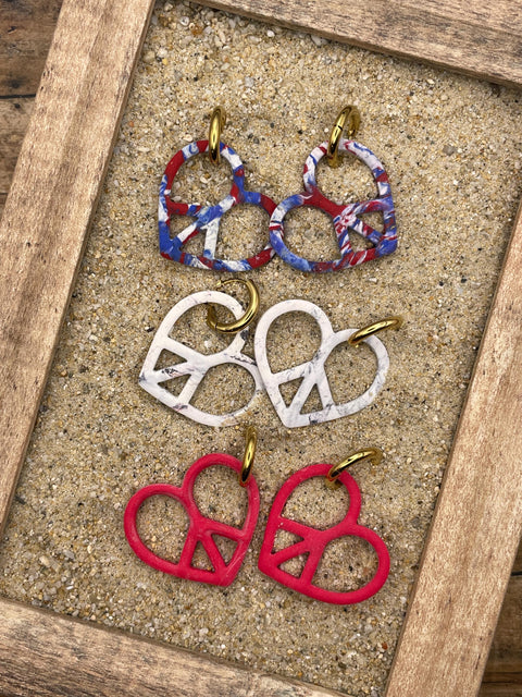 Love - Peace Heart on a Huggie Hoop: Handmade Polymer Clay Earrings