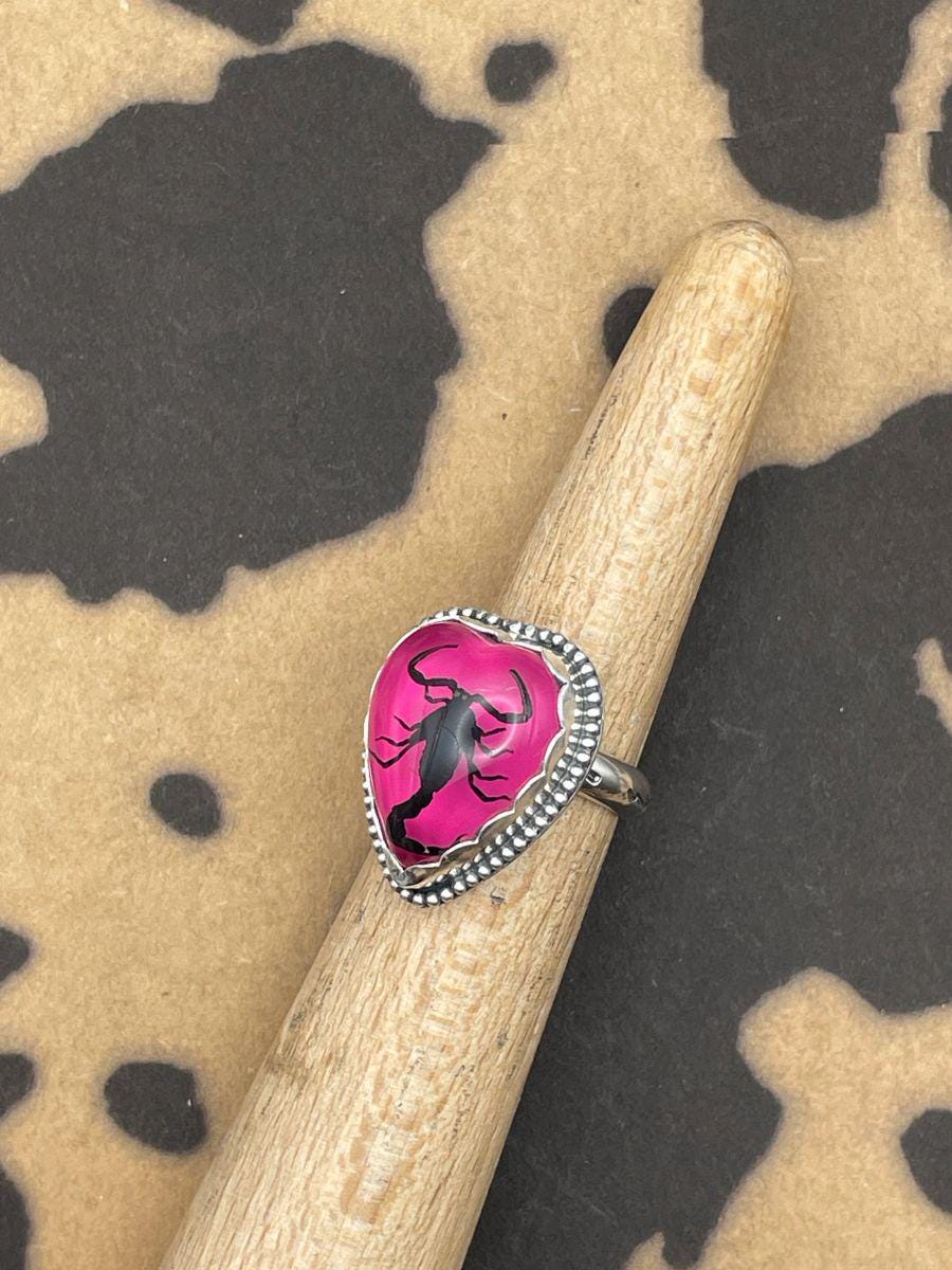 Winona - Black Scorpion in Hot Pink Heart Ring