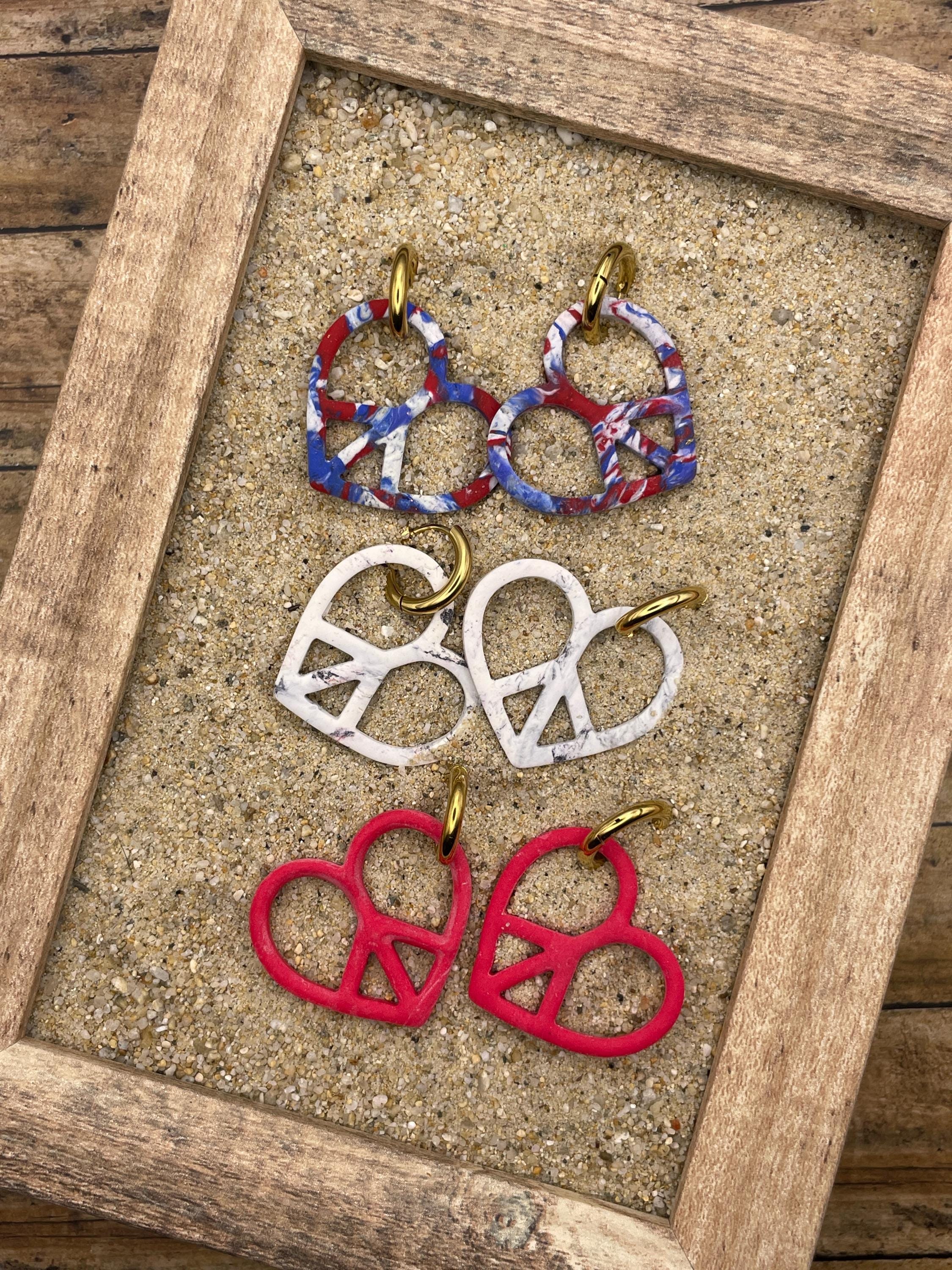 Love - Peace Heart on a Huggie Hoop: Handmade Polymer Clay Earrings