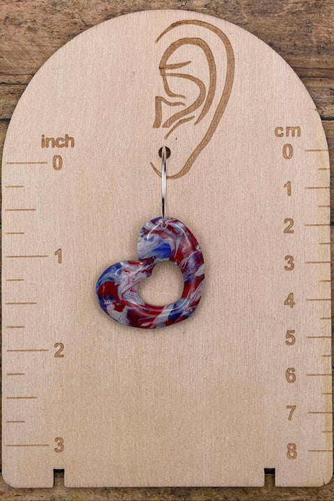 USA - Red White Blue Marbled Heart Hoop Earrings: Handmade, Polymer Clay