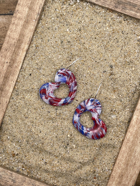 USA - Red White Blue Marbled Heart Hoop Earrings: Handmade, Polymer Clay
