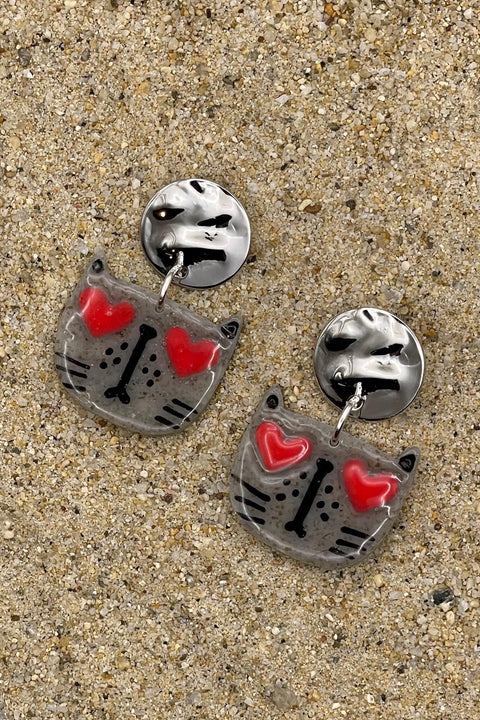 Cat Lover - Heart Eyes Earrings: Handmade Polymer Clay
